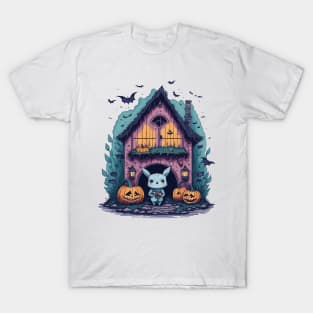 Cute Bunny in Scary Halloween house T-Shirt